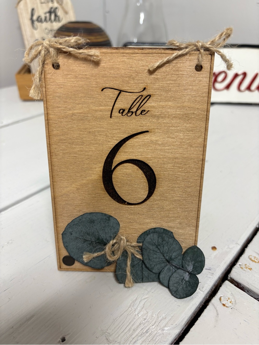 Wooden Table Number Sign with Green Eucalyptus Accent